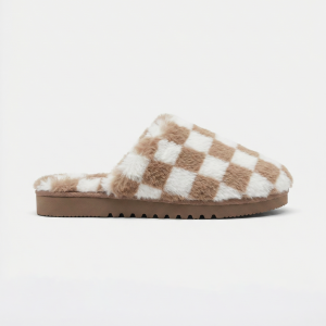 Women Checkered Faux-Fur Beige Slipper