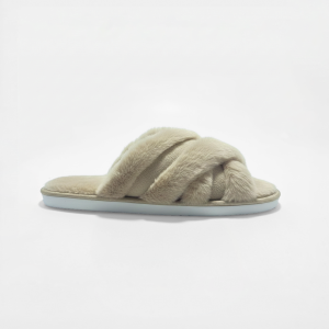 Women Faux-Fur Cross-Band Beige Slide