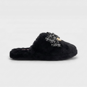 Women Tweed Bow Faux-Fur Black Slipper