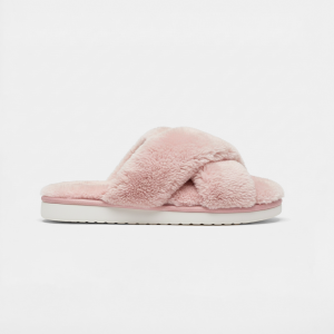 Women Faux-Fur Cross-Band Pink Slide