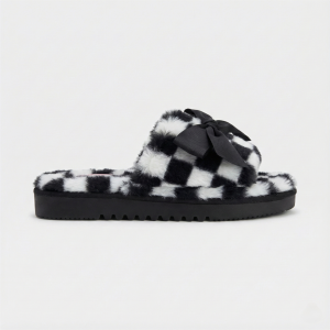 Women Checkered Bow Faux-Fur Black Slide