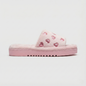 Women Faux-Fur Sequin Heart Pink Slide