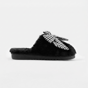 Women Gingham Bow Faux-Fur Black Slipper