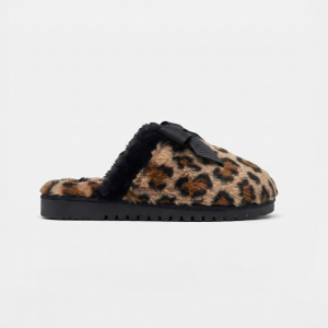 Women Leopard Bow Faux-Fur Brown Slipper