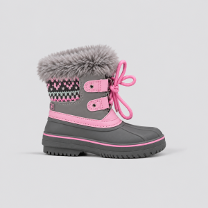Grey Lace-Up Snow Boot with Pink Accents